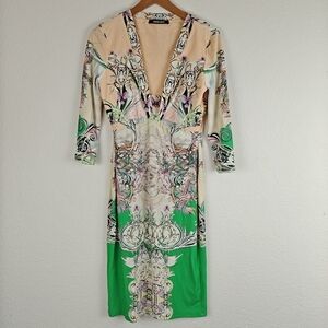 Roberto Cavalli Printed Sheath V-neck Mini 3/4 Sleeves Dress Size S